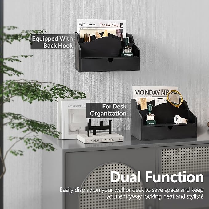 Rebee Vision Pine Wooden Mail Organizer for Desk - Modern Farmhouse Desk Organizer with Drawer & Dividers - 4-Slot Letter Sorter for Mail & Small Essentials - Office Organizer for Home Decor (Black)