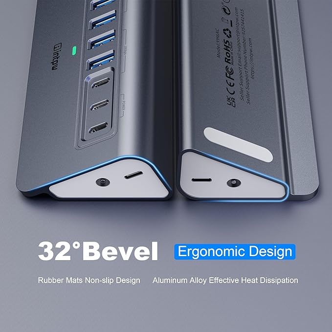 YH6AC Powered USB Hub 10Gbps, intpw 9-Port USB Splitter with USB A/USB C 3.2, 4 USB 3.0, 2 PD 45W Charging Ports, 65W Power Adapter + 3.3FT Cable, Aluminum USB Extender Hub for Laptop, PC,iPhone 17/16