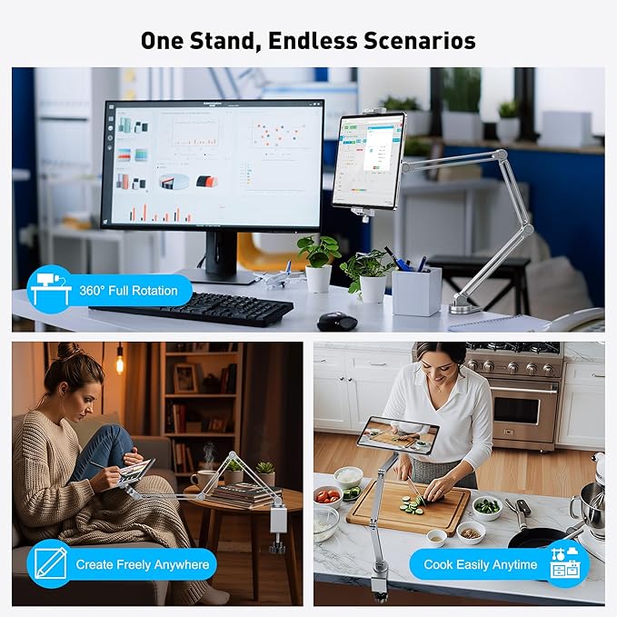 AboveTEK 2-in-1 iPad Stand for Desk, Aluminum iPad Holder Arm with Clamp & Magnetic Ring Head, 360° Adjustable Tablet Stand Holder, Bed Clamp Mount for 4.7"-13" iPads Air/Pro/Mini, Galaxy Tab & Phones