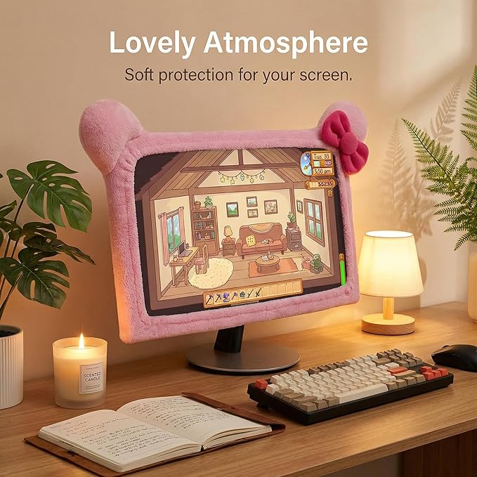 Monfurise 1 Pcs Cute Cat Ear Computer Monitor Cover, Kawaii Pink Dustproof Screen Protector for 20-29 Inch Display, Soft Elastic Fabric Monitor Dust Cover for Girl Gamers, Home Office Desk Decor