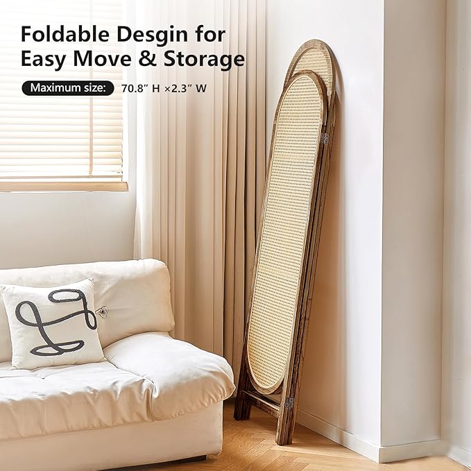 Asnefeli Wood Room Divider 3 Panels, Folding Rattan Room Divider Wall, Unique Design Folding Portable Partition Screen, Foldable Privacy Screen Wall Divider for Home Office Restaurant Bedroom (Brown)