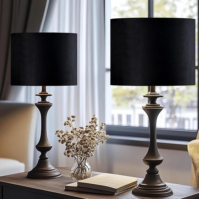 GO&SO Black Velvet Lamp Shades Set of 2 Medium Drum Lampshades -13" Top x 13" Bottom x 10" High(Spider) Traditional Fabric Lamp Shade for Table Lamps - Replacement Lampshade - Assembly Required