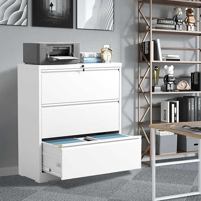 FLIXELIO File Cabinets 3 Drawer,Metal Office Storage Filing Cabinet with Lock,White Lateral Filing Cabinet for Home Office,Horizontal Locking File Cabinets for Legal/Letter/A4 Files,Assembly Require