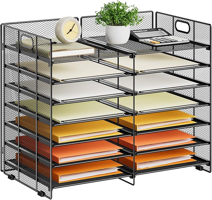 Marbrasse Desktop Literature Organizer, 12 Compartments Mesh Paper Organizer Desk Organizers, Adjustable File Sorter Mail Center Paper Storage Cabinet Classroom Mailbox for Office Home School, Black