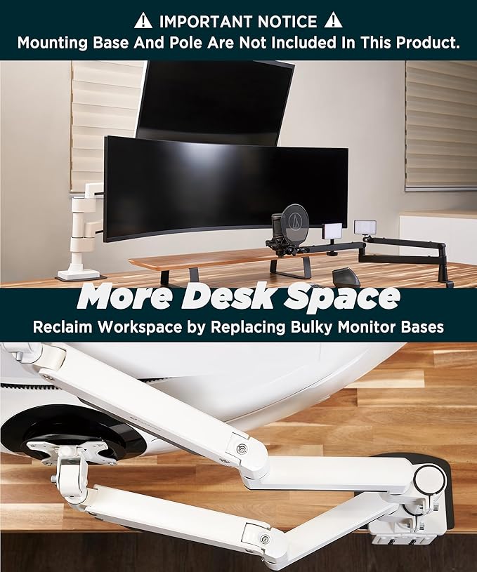 ULTRARM Heavy Duty Extension Arm [Accessory Only - Requires MA20PW-S Single Monitor Arm for Use] Dual 49" Vertical Stacked Monitor Mount Height Adjustable - 100x100 VESA Mount, White, MA20PW-A