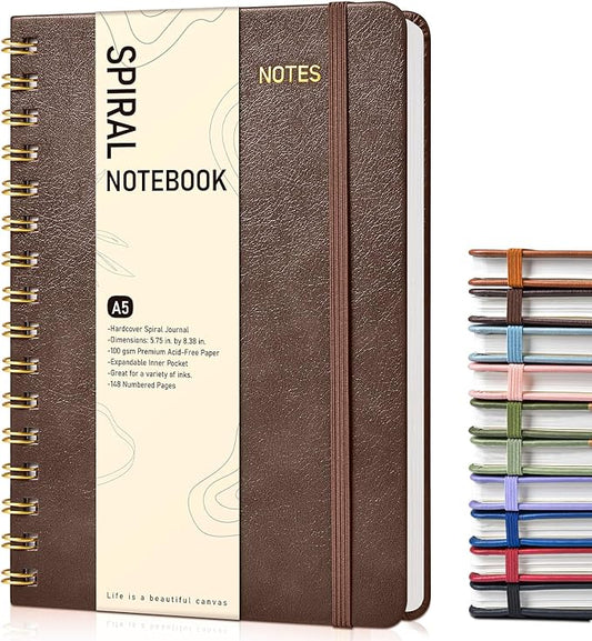 Dotted Spiral Journal Notebook, A5 Hardcover Spiral Journals for Women Men, 100 GSM Dot Grid Paper Notebooks, 150 Pages Spiral Bullet Dotted Notebook for Writing Note Taking 5.75" x 8.38", Dark Brown