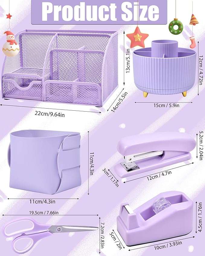 LXEVIHK 21Pcs Purple Desk Organizers and Accessories With Mesh Desk Organizer and 360°Rotating Pen Holder and a Lot of Office Purple Office Supplies Beautifully Presented in a Gift Box