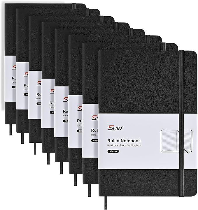 SUIN Lined Journal Notebooks for Work, School & Journaling – Black Hardcover, Medium 5.6 x 8 in, 160 Pages, 100 GSM Thick Paper for Note Taking & Writing (Black-8Pack)