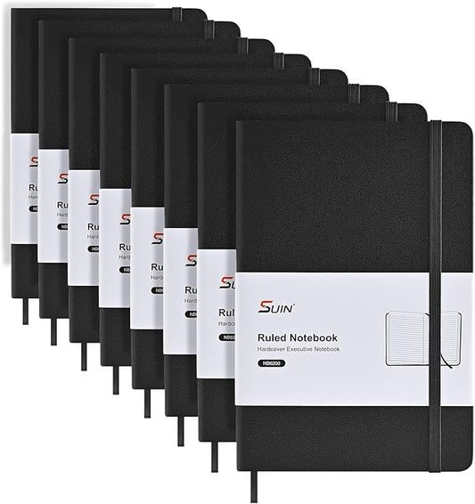 SUIN Lined Journal Notebooks for Work, School & Journaling – Black Hardcover, Medium 5.6 x 8 in, 160 Pages, 100 GSM Thick Paper for Note Taking & Writing (Black-8Pack)