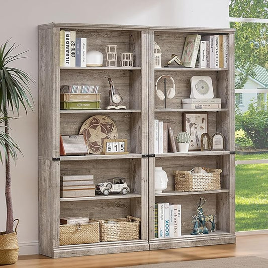 RWYHG 70" Grey Tall Bookshelf Set of 2,5-Tier Thick Wooden Book Shelf with Adjustable Shelves,Free Standing Farmhouse Bookcase with Open Display Storage,Floor Vintage Bookshelves for Living Room