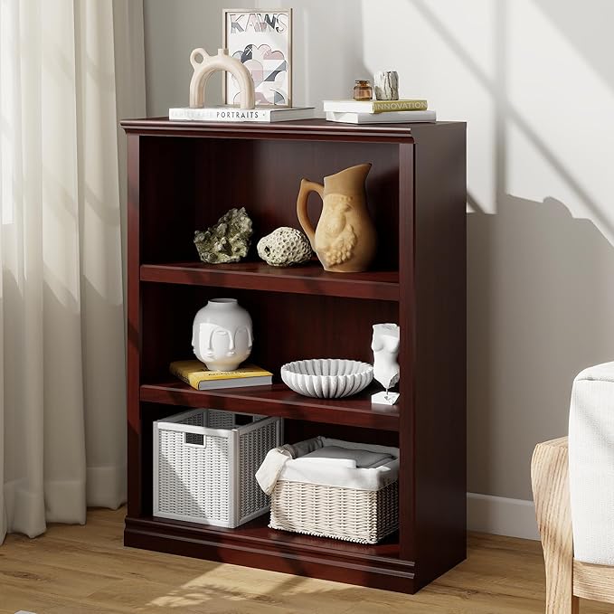 Bevfint 43 in Tall Bookcase, 3-Tier Bookshelf Open Storage, 33 inch Wide Floor Standing Indoor Furniture, Book Cases for Home School Library Office Bedroom Kids, Mahogany 3 Tiers