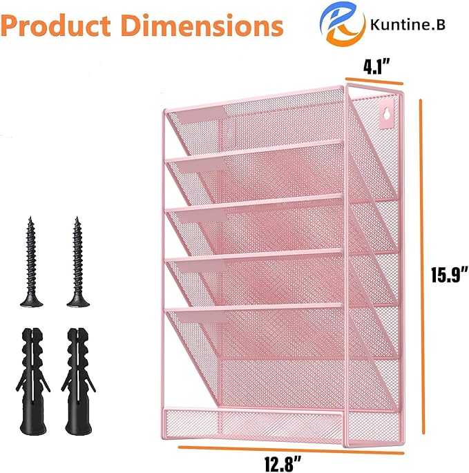 Kuntine.B 6-Tier Wall File Organizer Hanging File Organizer Cubicle Organizer Wall File Holder for Office Home (Pink, 6 Tier)