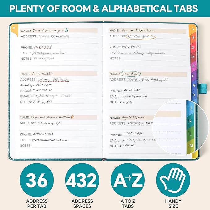 Address Book with Colorful Alphabetical Tabs (8.4" x 5.7") – Hardcover Contact Organizer for Website Passwords, Telephone, Software Licenses, and Important Information – Seagreen