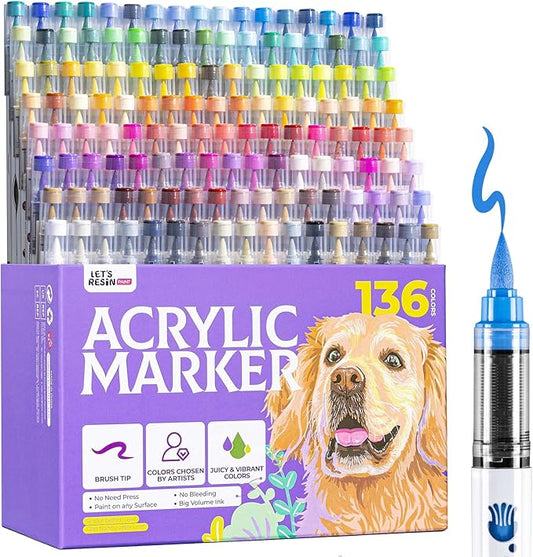 LET'S RESIN PAINT136 Colors Acrylic Paint Markers Direct Liquid,Brush Tip Acrylic Paint Pens for Coloring,Water-Based Acrylic Markers for Drawing,Painting,Canvas,Art Supplies,Craft