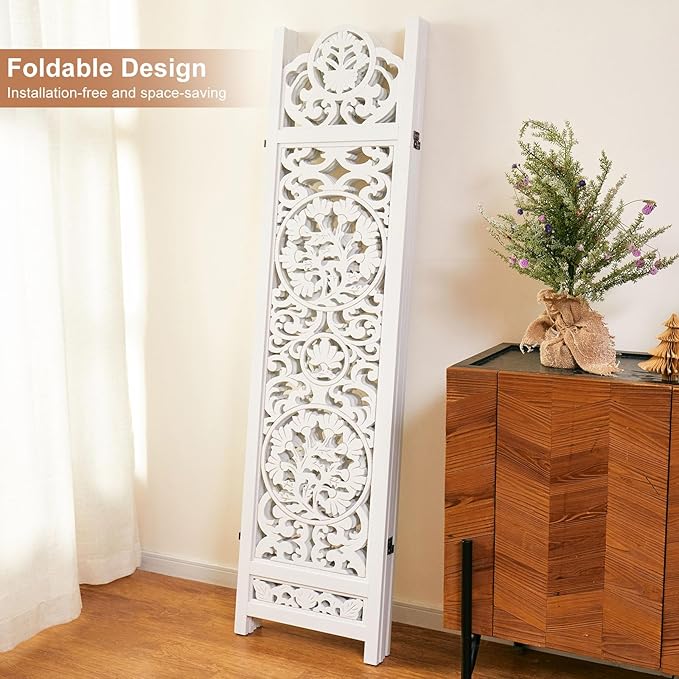 5.75Ft Room Divider Wood Screen, 33Lbs Durable MDF Carved Rustic Style Headboard, Reversible Freestanding Folding Partition Paravent for Home, 69 * 71 inch(H*W) - 4 Panels (Rustic White)