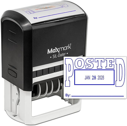 MaxMark Large Self-Inking Rubber Date Office Stamp with Posted Phrase & Date - Blue Ink, 12-Year Band - Style 5