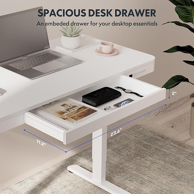 FLEXISPOT Comhar Electric Standing Desk with Drawers Charging USB A to C Port, Height Adjustable 48" Whole-Piece Home Office Computer Laptop Table with Storage (White Top + Frame)