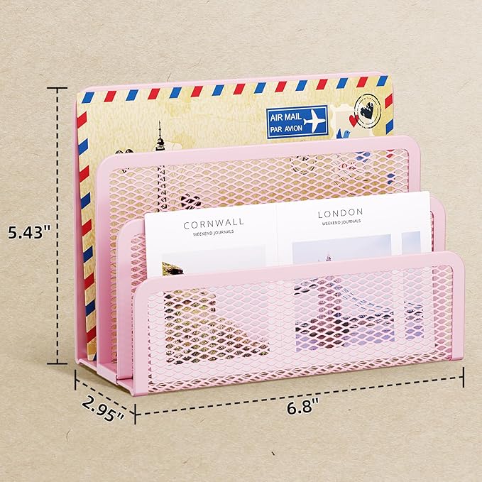 Marbrasse Mail Organizer for Desk, 3-Slot Mesh Metal Mail Holder countertop, Letter Holder, Office Desktop Envelope and Document Storage Rack (Pink)