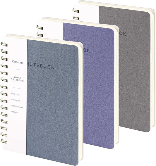 Spiral Notebook-5.75" x 8.125" College Ruled Journal with Inner Pockets and 160 Pages,PU Leather Cover Business Journal, Twin-Wire Binding Notebook Perfect for Office & Home School Supplies 3 pack Violet ReefBlue Grey