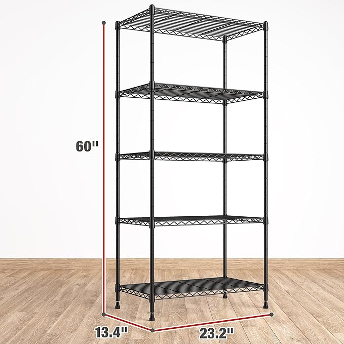 REIBII 5 Tier Storage Shelves Adjustable Wire Rack Shelving, Kitchen Shelves 13.4" D x 23.2" W x 60" H Strong Metal Shelves for Restaurant Garage Pantry，Black
