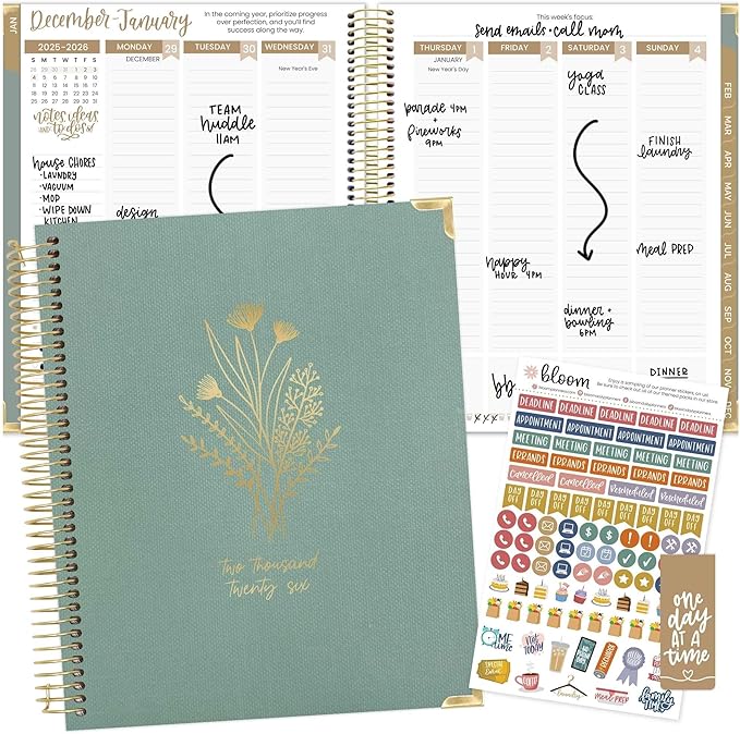 bloom daily planners 2026 Hardcover Calendar Year Goal & Vision Planner (January to December) - Monthly & Weekly Agenda Organizer - 7.5" x 9" - Green Linen