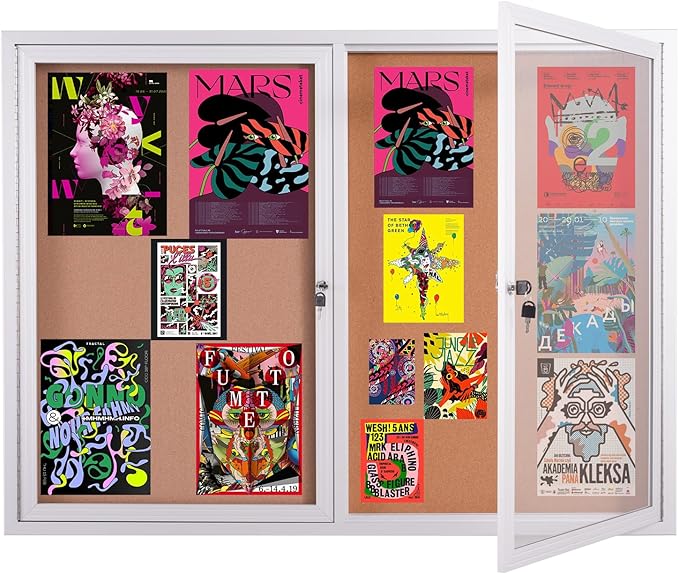 48x36 Inch Lockable Enclosed Bulletin Board, Weather-Resistant Outdoor Noticeboard with 2 Locking Doors, Wall-Mounted Silver Aluminum Frame & Cork Presentation Board