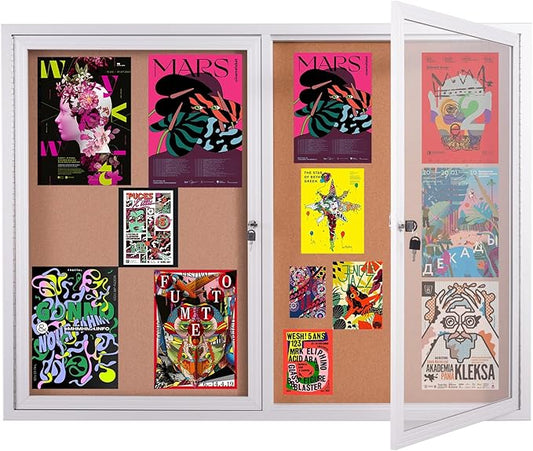 48x36 Inch Lockable Enclosed Bulletin Board, Weather-Resistant Outdoor Noticeboard with 2 Locking Doors, Wall-Mounted Silver Aluminum Frame & Cork Presentation Board