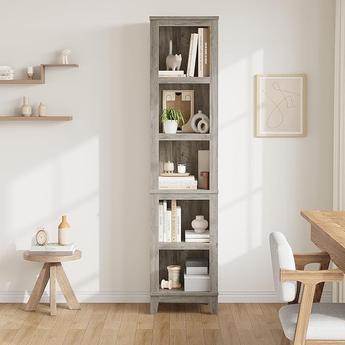 IDEALHOUSE 71" Farmhouse Bookshelf w/Adjustable Shelves & 31.5 in Whidth, 5 Tier Tall Bookshelf with Wooden Legs, Vintage Wooedn Book Shelf for Living Room Office (Gray, 71.3" H x 15.7" W x 11.8" D)