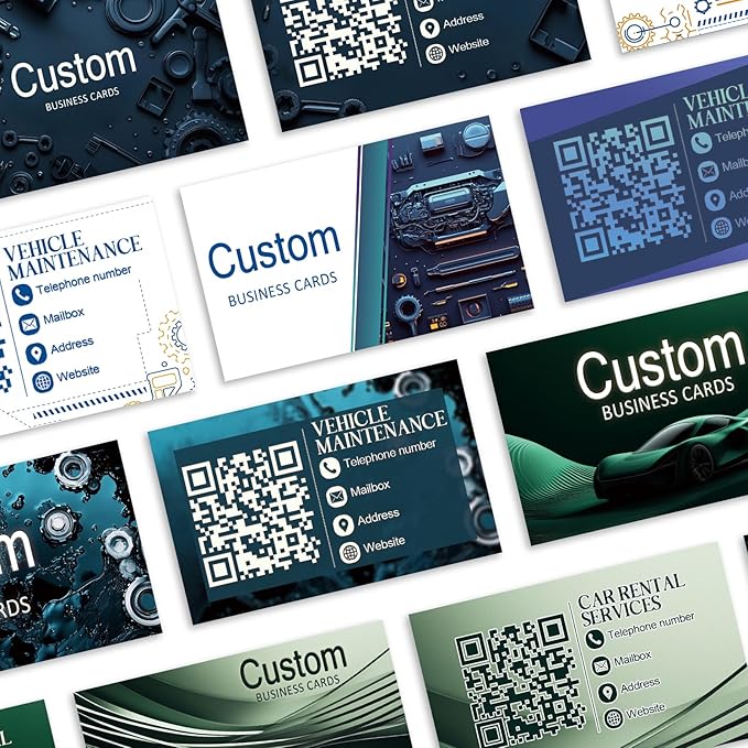 Custom Business Cards - Customizable Logo/Text/QR Code, 300gsm Matte Paper Front & Back Sides Printed, for Auto Repair Stores, Car Rental Stores