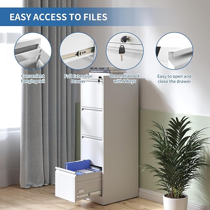 FLIXELIO 4 Drawer File Cabinet with Lock,Metal Vertical Filing Cabinets for Home Office,Heavy Duty File Storage Cabinet for Letter/Legal/A4/F4 Size File,Assembly Require (White, Vertical 4 Drawer)