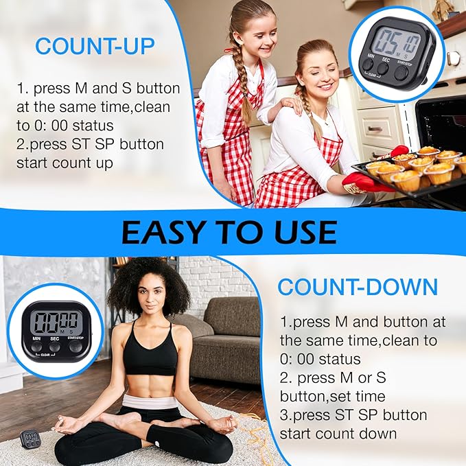 Leumoi 24 Pcs Digital Kitchen Timers Magnetic Back Timers Bulk Large Screen Loud Alarm On/Off Switch Minute Second Count up Countdown Memory Setting for Cooking Classroom Exercise (Black)