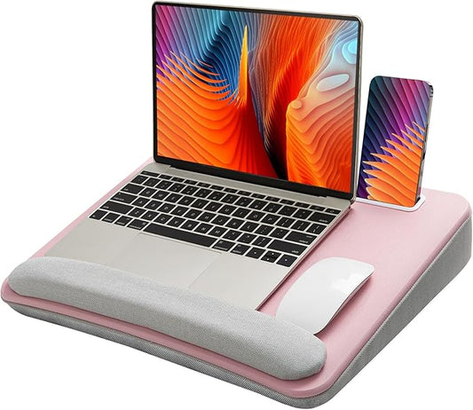 HUANUO Lap Laptop Desk - Portable Lap Desk with Pillow Cushion, Fits up to 15.6 inch Laptop, with Anti-Slip Strip & Storage Function for Home Office Students Use as Computer Laptop Stand - Pink