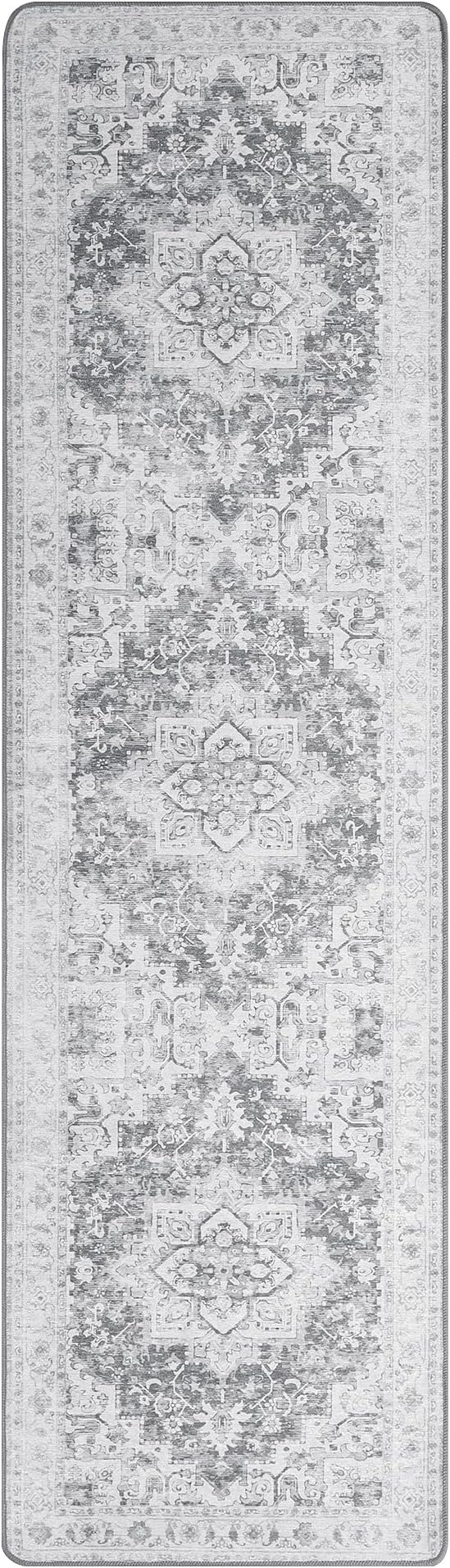 GENIMO 2x10 Runner Rugs for Hallway, Machine Washable Non Slip Vintage Rugs, Low Pile Lightweight Soft Print Rug for enrtyway, Corridor, Home, Office, Kitchen, Gray