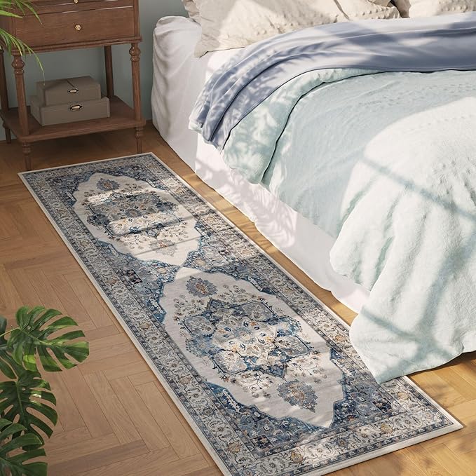 Rugcomf Vintage Medallion Kitchen Runner 2'x6' - Machine Washable Rug, Non-Slip Low Pile Boho Carpet for Hallways, Laundry, Bedroom, Bathroom - Blue