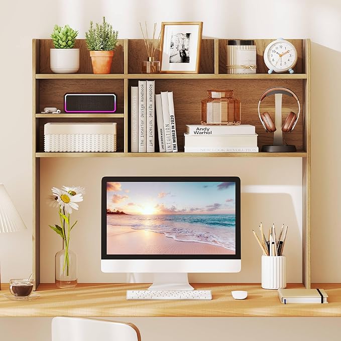 Tangkula Desktop Bookshelf for Computer Up to 32”, 37” Countertop Storage Hutch with 6 Storage Shelves, 3-Tier Desktop Organizer Display Rack, Wooden Desk Hutch for Dorm Home Office (Natural)
