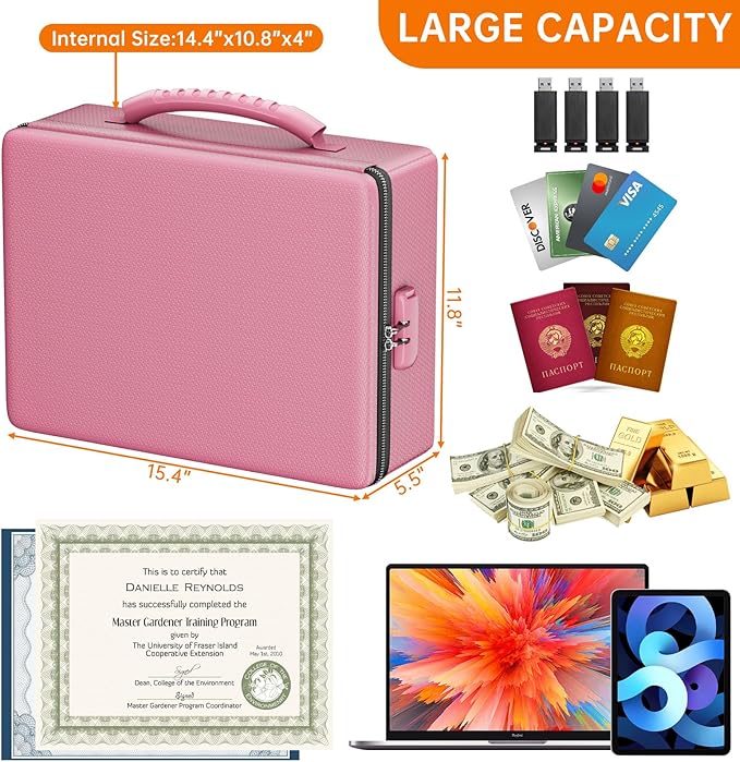 ENGPOW Fireproof Document Box, Hard Case File Box with Fireproof Zipper＆Lock, 6400°F Heat Insulated Fire and Water Resistant File Organizer Storage Safe for Important Documents Laptop Cash, Pink