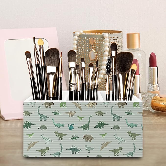 QZQE Dinosaur Gifts Pen Pencil Holder Organizer for Desk, Dinosaur Gifts for Boys Kids, Dino Striped Wooden Box Signs Decorations for Home Classroom Kids Boys Room Bedroom Desk Tabletop