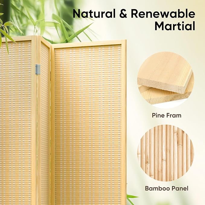 JOSTYLE Room Divider 4 Panel Folding Privacy Screen, Bamboo Room Divider Screen - 6 ft. Tall Wall Divider for Room Separation Freestanding Partition Separators, Beige
