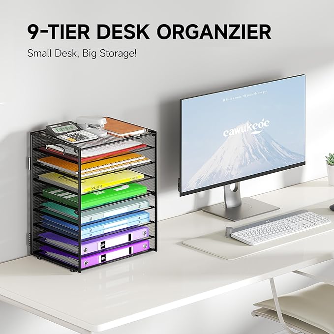 Cawukege 9 Tier Paper Organizer with Handle, Large Capacity Desk Organizer Mesh Paper Letter Tray File Folder Document Sorter for Classroom and Office Accessories Organization- Black (2 Pack)