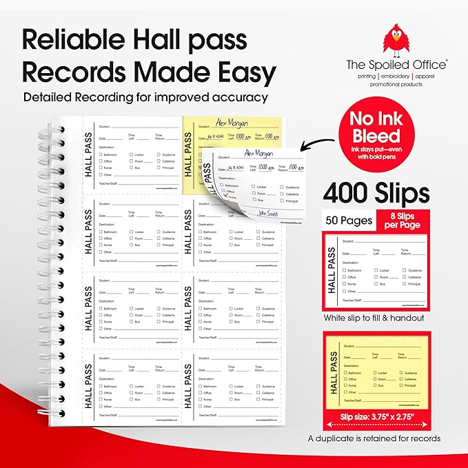 The Spoiled Office Hall Pass Slip Book with Carbonless Duplicates 400 Pcs - 2 3/4"x3 3/4"- Easy Tracking Log Book for School Carbon Copy, School Supplies, Office Supplies for Desk, Spiral Bound.