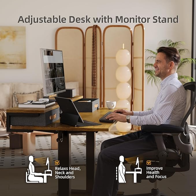 Claiks Electric Standing Desk with 2 Drawers, Adjustable Standing Desks with Storage, Height Adjustable Stand up Desk for Home Office with 2 Hooks,55 Inch Ruist Brown