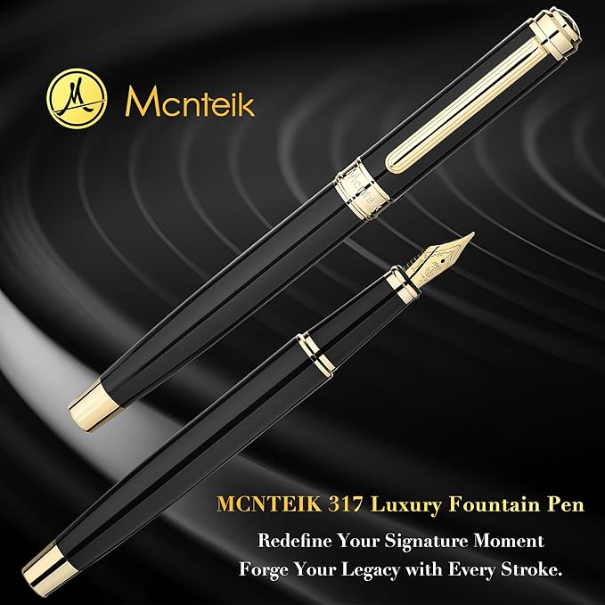 MCNTEIK 317 Fountain Pen,Stunning Luxury Black Piano Lacquer,18K Gilded Nib(Fine),Gorgeous 24K Gold Finish, Ink Converter,Fancy Gift for Men&Women-Elegant,Executive,Office,Nice Pens for Writing