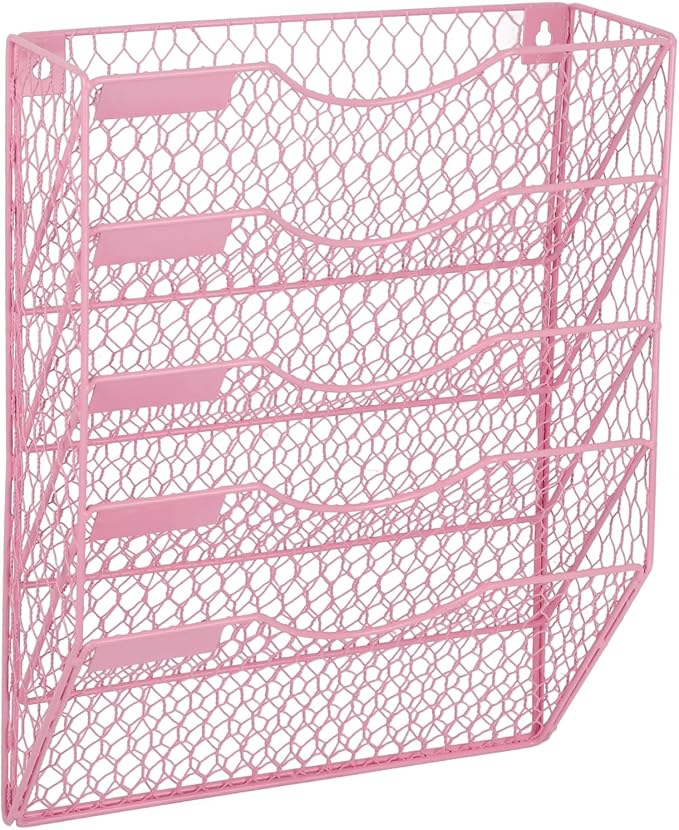 EASEPRES Mail Organizer Wall Mount Hanging File Holder Storage, Metal Chicken Wire Magazine Rack 5 Tier, Pink