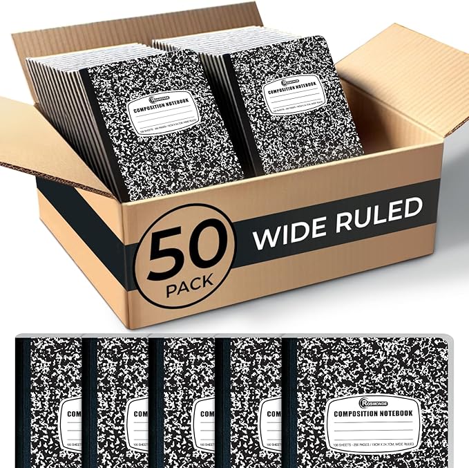 Rosmonde 50 Pack Composition Notebooks Bulk Wide Ruled, 200 Pages (100 Sheets), 9-3/4 x 7-1/2, Hard Cover, Bulk Black Marble Composition Notebook, Bulk Office Notebooks, Bulk Notebooks School Supplies
