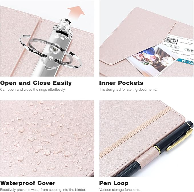 Ospelelf Vintage Hardcover 3 Ring 2 inch Leather Binder, Professional Binders Organizer Suitable for Letter Size Documents, Binder Dividers with Tabs, Rose Gold