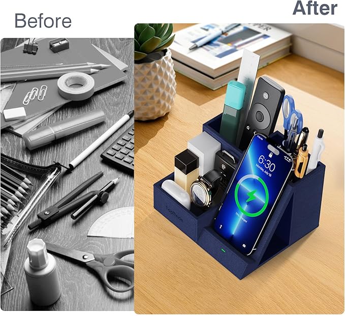 TopMade Wireless Charger with Desk Nightstand Organizer, Leather Pen Pencil Holder Bedside Fast Charging Station, for iphone Charging Stand Office Supplies Desk Accessories, Gifts for Men(Blue)