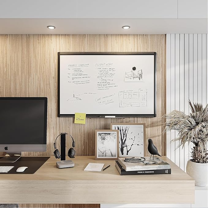 U Brands PINIT Magnetic Dry Erase White Board, Black Aluminum Frame with Pin Strips Across The Top and Bottom (36" W x 24" H)