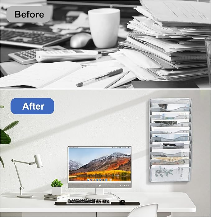 EasyPAG Wall File Organizer for Office 10 Pocket Mesh Wall Mounted Paper Organizer Hanging Folder Holder with Nametag Label for Home School, Silver