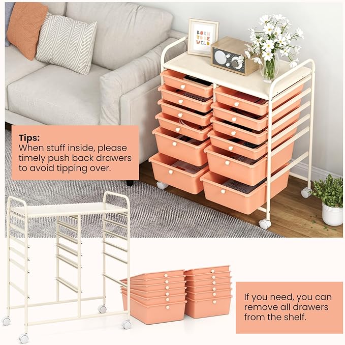Giantex 12 Drawers Rolling Storage Cart, Classroom Organizers with Wheels for Tools Scrapbook Craft Paper Teacher Office School Supplies (Peach Fuzz)