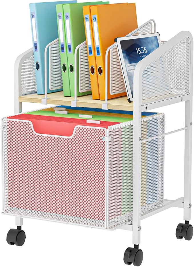 Tiaoheka Rolling File Cabinet with Adjustable Dividers, Mobile Filing Cabinet with Storage Drawer on Lockable Wheels, Hanging File Organizer Beside Under Desk for Office, Home, White（Patent Pending）